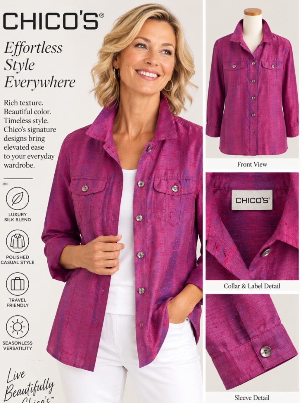 Chico’s Fuchsia Pink 100% Silk Shantung Shirt Jacket Button Front Size 2